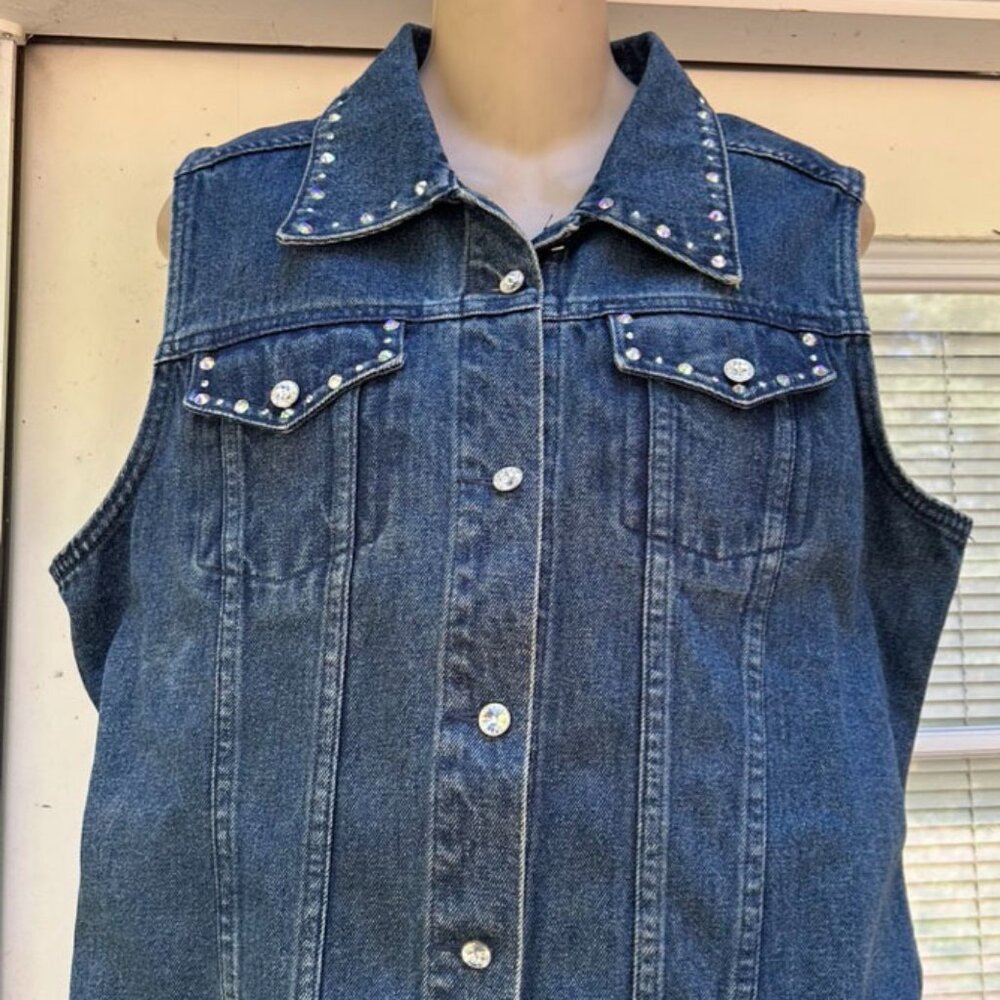 The CHRISTINE ALEXANDER Denim Vest with Embellished Crystal Accents in size L